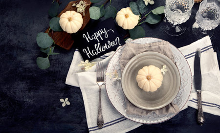 Harvest table setting on dark background. Holiday season concept. Top view, flat lay, copy spaceの写真素材