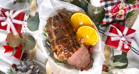 Christmas traditional ham, view from aboveの写真素材