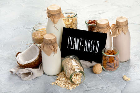 Assortment of non diary plant based milk. Organic vegan food concept.の写真素材