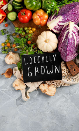 Local farmers food assortment on light background. Organic food concept. Top view, flat lay, copy spaceの写真素材