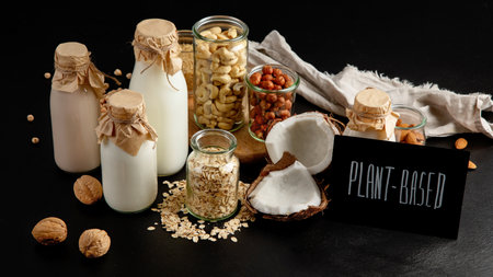 Assortment of non diary plant based milk. Organic vegan food concept. Front viewの写真素材