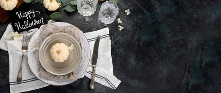 Harvest table setting on dark background. Holiday season concept. Top view, flat lay, copy spaceの写真素材