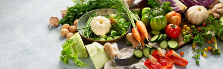 Local farmers food assortment on light background. Organic food concept. Copy spaceの写真素材
