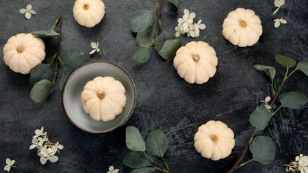 Pumpkin and eucalyptus harvest an black friday composition. Holiday season concept. Top view, flat layの写真素材
