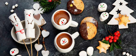 Christmas composition with hot chocolate and cookies. Holiday season concept. Top view, flat layの写真素材