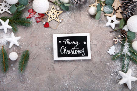 Christmas white and green table decoration. Holiday season concept. Top view, flat lay, copy spaceの写真素材