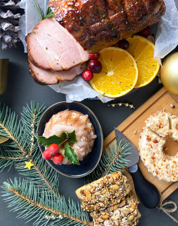 Christmas Family Dinner Table. Top view, flat layの写真素材