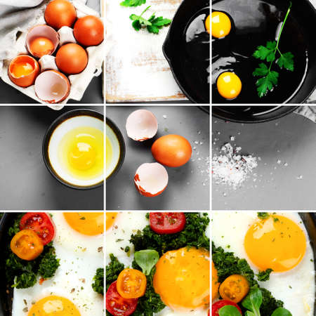 Collage of fried eggs with spinach and cherry tomatoes with coffee on the side for breakfast. Grey backgroundの写真素材