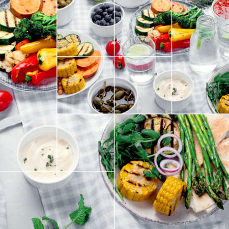 Collage food of Delicious grilled vegetables with sauces and snacks served on light gray background. Barbecue menu.の写真素材