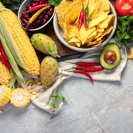 Mexican dishes and snacks assortment on light gray background. Cuisines of the world concept. Top view, flat lay, copy spaceの写真素材