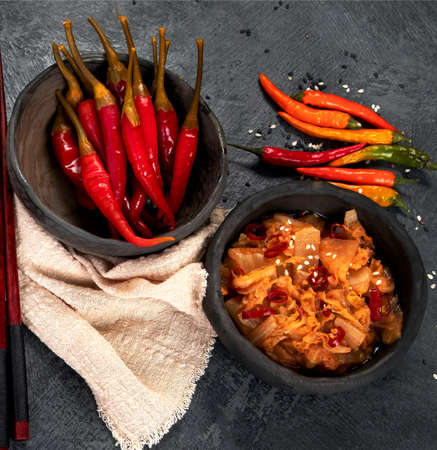 Kimchi cabbage on gray background. Traditional Korean food. Top view, flat lay, copy spaceの写真素材