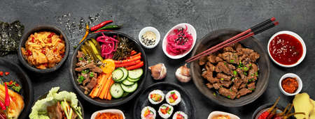 Assortment of Korean traditional dishes. Asian food. Top view, flat lay, copy space, panoramaの写真素材
