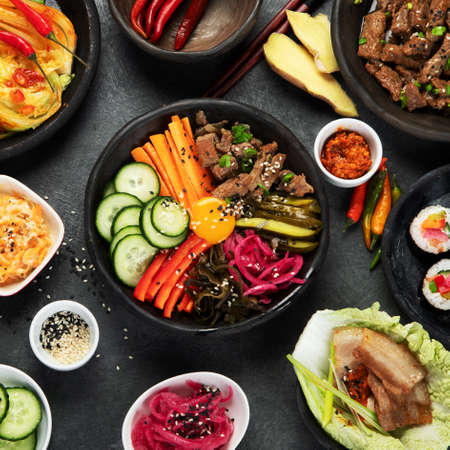 Assortment of Korean traditional dishes. Asian food. Top view, flat layの写真素材