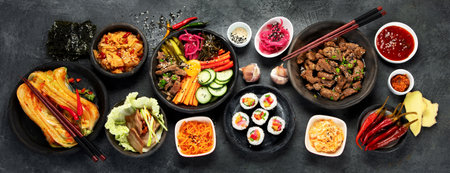 Assortment of Korean traditional dishes. Asian food. Top view, flat lay, panoramaの写真素材