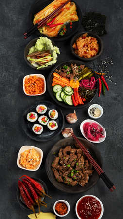 Assortment of Korean traditional dishes. Asian food. Top view, flat lay, copy spaceの写真素材