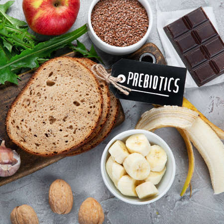 Best sources of prebiotic on light background. Healthy gud. Top view, flat layの写真素材
