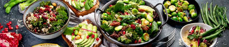 Vegan dishes assortment on gray background. Panorama