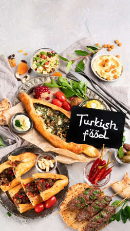 Turkish food on light background. traditional food concept. Flat lay, top view, copy space