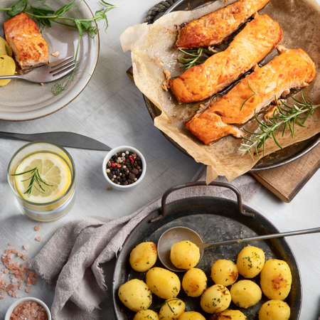 baked salmon with potatoes, top viewの写真素材