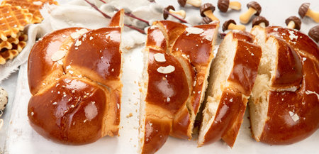 Easter sweet bread, tsoureki cozonac sliced. Easter time, spring time. holiday food concept.