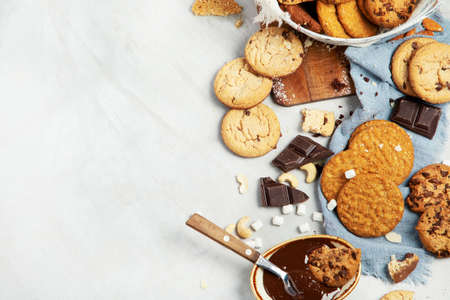 Cookies assortment on light background. homemade desserts. Celebration concept. Top view, flat lay,...