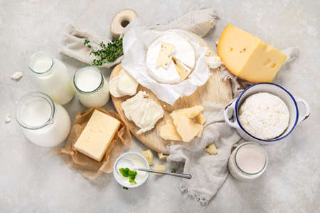 Fresh diary products on light background. Halthy food concept. top view, flat layの写真素材