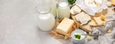 Fresh diary products on light background. Halthy food concept. panorama, copy spaceの写真素材