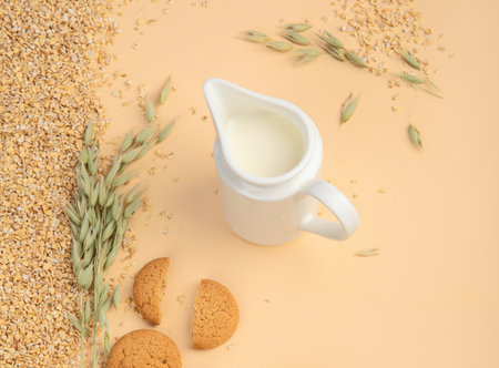 Oats on colorful background. Healthy breakfast. Dieting and weight loss concept. Top view, copy space, flat layの写真素材