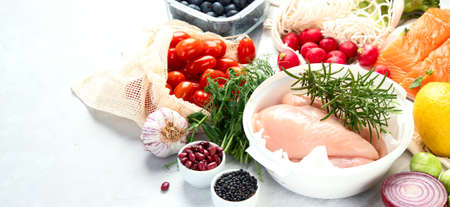 Healthy food assortment on light background. Clean eating concept. copy spaceの写真素材