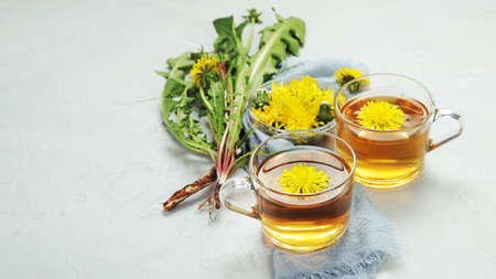 Delicious healthy tea made of dandelion flowers. Fragrant fresh herbs. copy spaceの写真素材