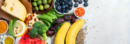 Healthy food assortment on light background. diet concept. Top view, flat lay, copy space, panorama