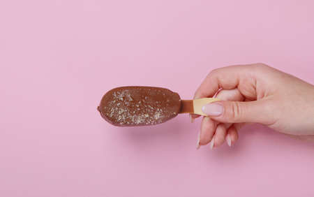 ice-cream assortment on pink background. spring natural background. Top view, flat lay, copy spaceの写真素材