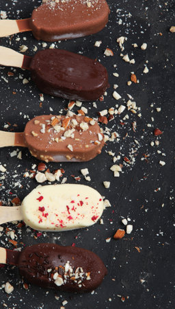 ice-cream assortment on dark background. spring natural background. Top view, flat lay, copy spaceの写真素材