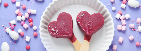 Violet blueberry ice-cream on lilac background. Atmospheric sweet menu concept. Top view, flat lay, panoramaの写真素材