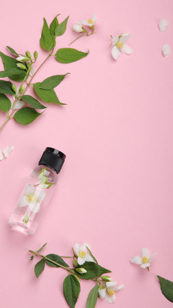 Bottles of essential oils with jasmine flowers. Natural cosmetics and beauty products for body and face care. Top view, flat lay, copy spaceの写真素材