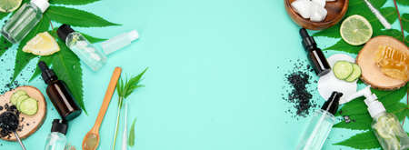Face and body care products assortment on green background. natural cosmetics. Top view, flat lay, copy space, panorama.の写真素材
