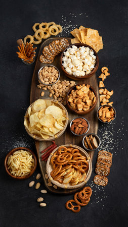 Assortment of salty snacks on dark background. party food concept. top viewの写真素材