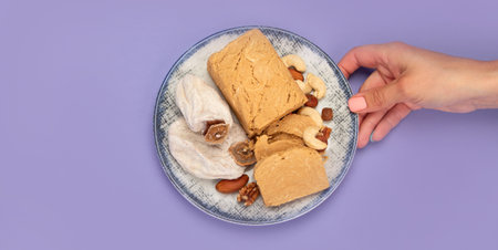 Greek food assortment on color background. Traditional food. creative photo concept. top view, copy spaceの写真素材