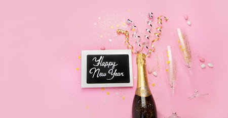 Champagne bottle with confetti on pink background. Holiday decoration and party streamers on gold festive. creative concept. top view, copy spaceの写真素材