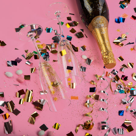 Champagne bottle with confetti on pink background. Holiday decoration and party streamers on gold festive. creative concept.の写真素材