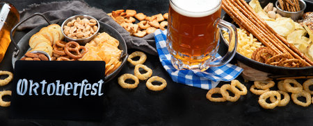 Assortment of beer and salty snacks on dark background. party food concept.