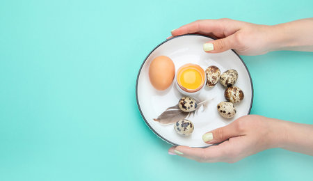 Eggs. Healthy food on color background. top view.の写真素材