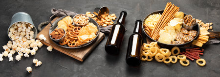 Assortment of beer and salty snacks on dark background. party food concept.の写真素材