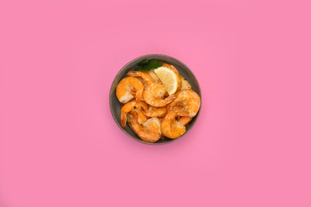 Shrimps on color background. traditional food. creative photo concept. top view, copy spaceの写真素材