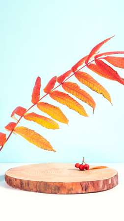 Wooden podium on blue background with autumn rowan berries. Showcase, promotion sale, presentation, cosmetic. autumn compositionの写真素材