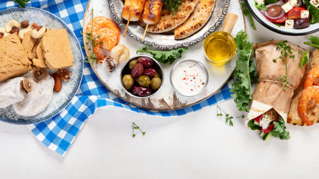 Greek cuisine dishes on neutral background. traditional food concept. top view, copy spaceの写真素材