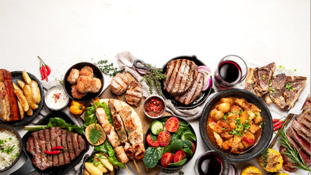 Meat dishes. Plates of various meats. Non vegetarian food banner. top view. copyspace.の写真素材