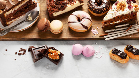 Selection of various cake pieces, macaroons, meringues, cookies and donuts on a wooden desk on a light background. top view. Confectionery background. Panorama with copy space.の写真素材