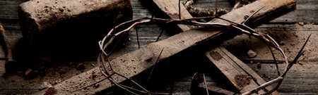 Crucifixion Of Jesus Christ - Cross With Hammer Bloody Nails And Crown Of Thorns. panorama banner