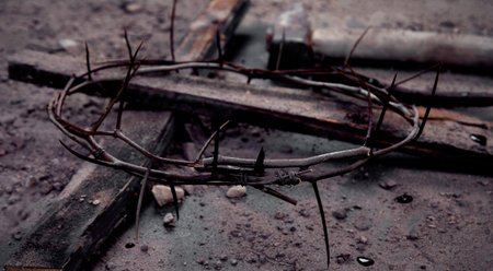Jesus Christ Hammer And Bloody Nails And Crown Of Thorns on dark Background. Easter symbol concept.の写真素材